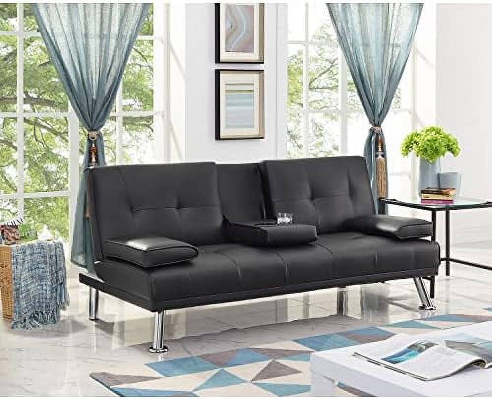 TJUNBOLIFE Black Futon Sofa Bed  Faux Leather Futon Couch  Black Sofa Bed Couch Convertible with Wooden Legs  Pull Out Sofa Bed  Reclining Small Couch Bed  Folding Futon Bed for Living Ro