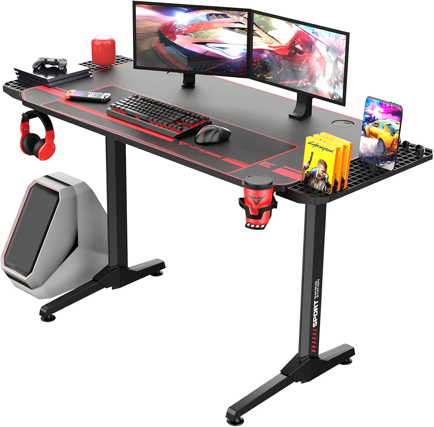 Vitesse 55 Inch Gaming Desk Gaming Table, T-Shaped Home Office PC Computer Desk with Mouse Pad, Ergonomic Gaming Workstation with Carbon Fiber Surface, Side Shelf, Cup Holder and Headphone Hook
