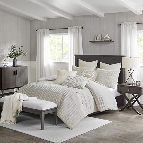 Madison Park King Comforter Set Clipped Jacquard Stripes with Buttons Boho Comforter for a King-Size Bed, Cotton Oversized Comforters with Removable Cover Boho Bedding, King Ivory 9 Piece