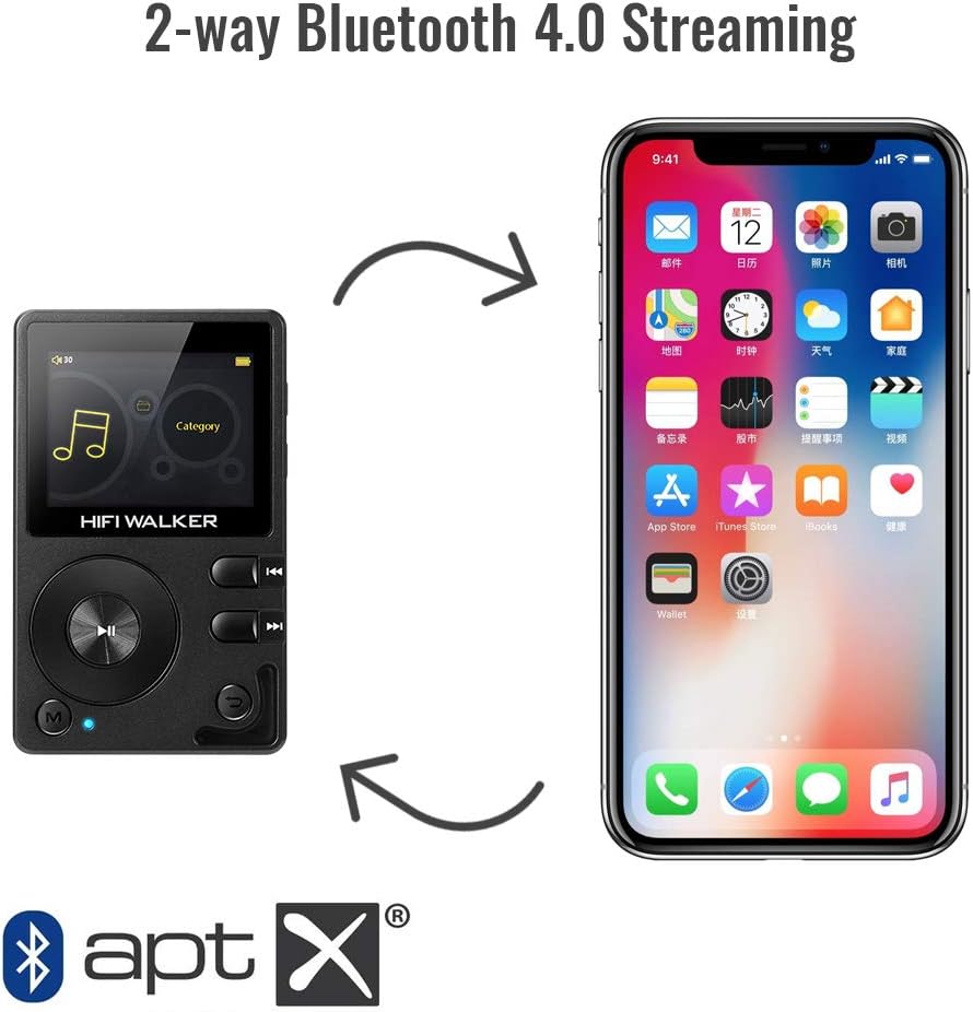 HIFI WALKER H2, High Resolution Bluetooth MP3 Player, DSD DAC OTG, Portable Digital Audio Music Player with Memory Card and HD Earphones, Support Up to 256GB