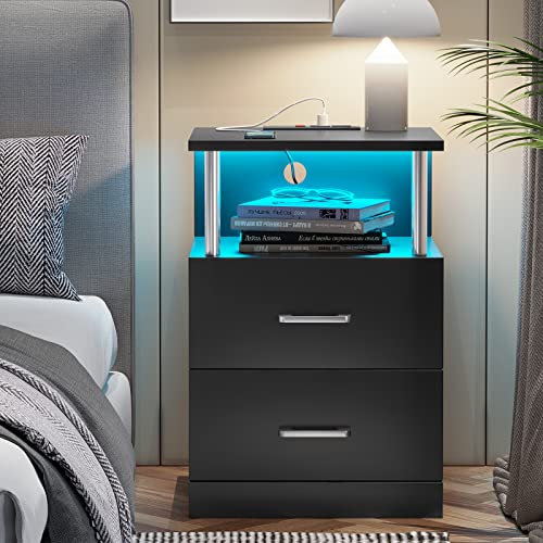 AOGLLATI Nightstand with Charging Station and LED Lights, Nightstands Set of 2, Bedside Table with Open Storage and 2 Drawers, 2 USB Ports, 2 Outlets, Modern End Side Table for Bedroom, White