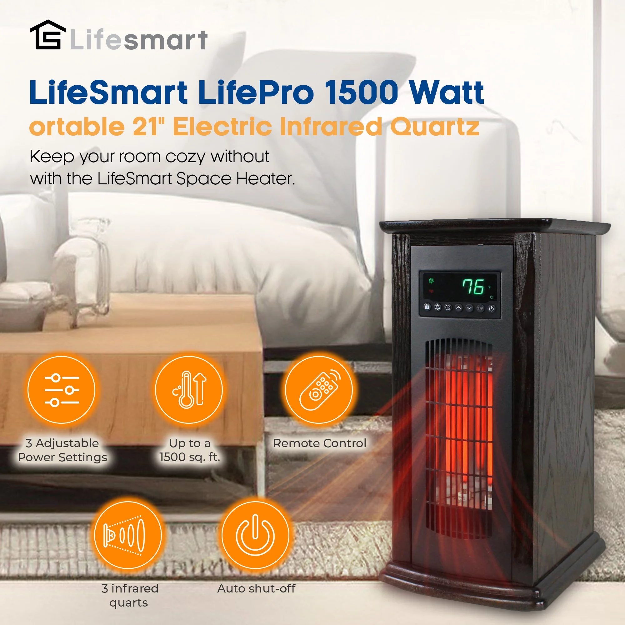 LifeSmart HT1029 1500 W Portable 21" Electric Infrared Quartz Tower Space Heater, Indoor