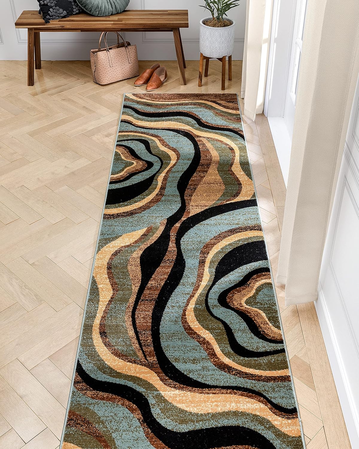 Hudson Waves Blue Brown Geometric Modern Casual Area Rug 8x10 8x11 ( 7'10" x 9'10" ) Easy to Clean Stain Fade Resistant Shed Free Abstract Contemporary Natural Lines Multi Soft Living Dining Room Rug