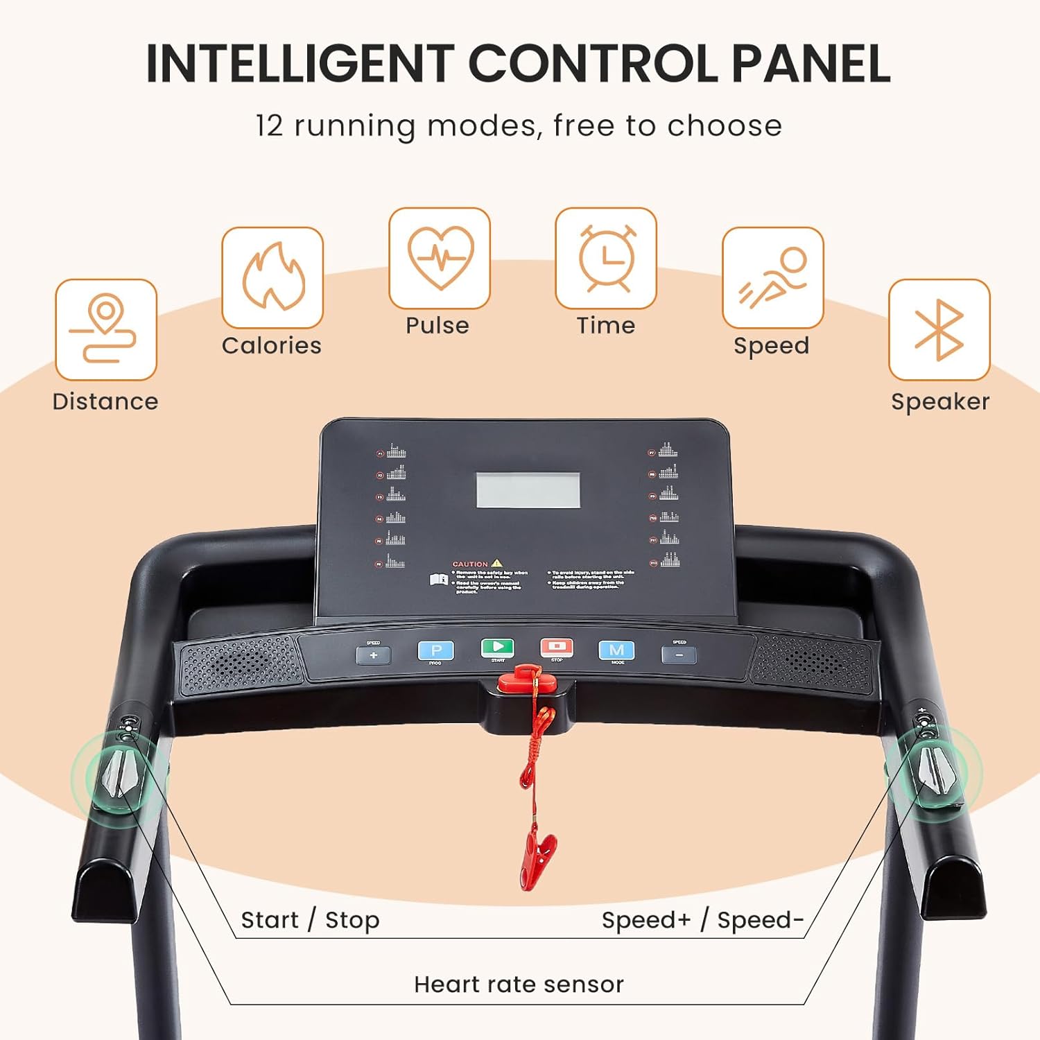 2.5 HP Folding Treadmill, Easy to Move, with 3-Speed Incline Adjustment and 12 preset Programs, 3 Countdown Modes, Heart Rate, Bluetooth, etc., Suitable for Home and Gym use