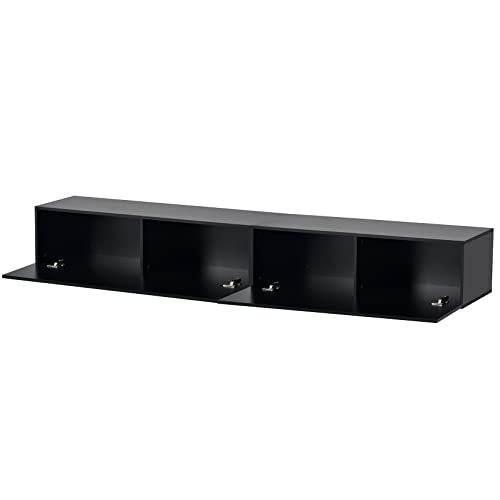 Wall Mount Floating TV Stand with Four Media Storage Cabinets and Two Shelves, Modern High Gloss Entertainment Center for 95+ Inch TV, 16-Color RGB LED Lights for Living Room, Bedroom, Black