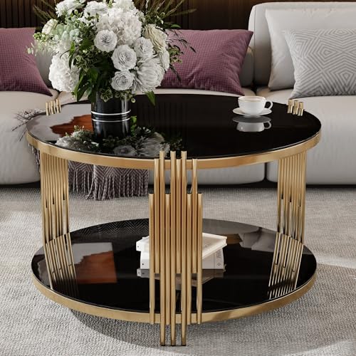 LUMISOL Round Mirror Coffee Table with Tempered Glass Tabletop and Circular Metal Drum Base, 31.5" Cocktail Table with Asymmetrical Metal Tubing, Black