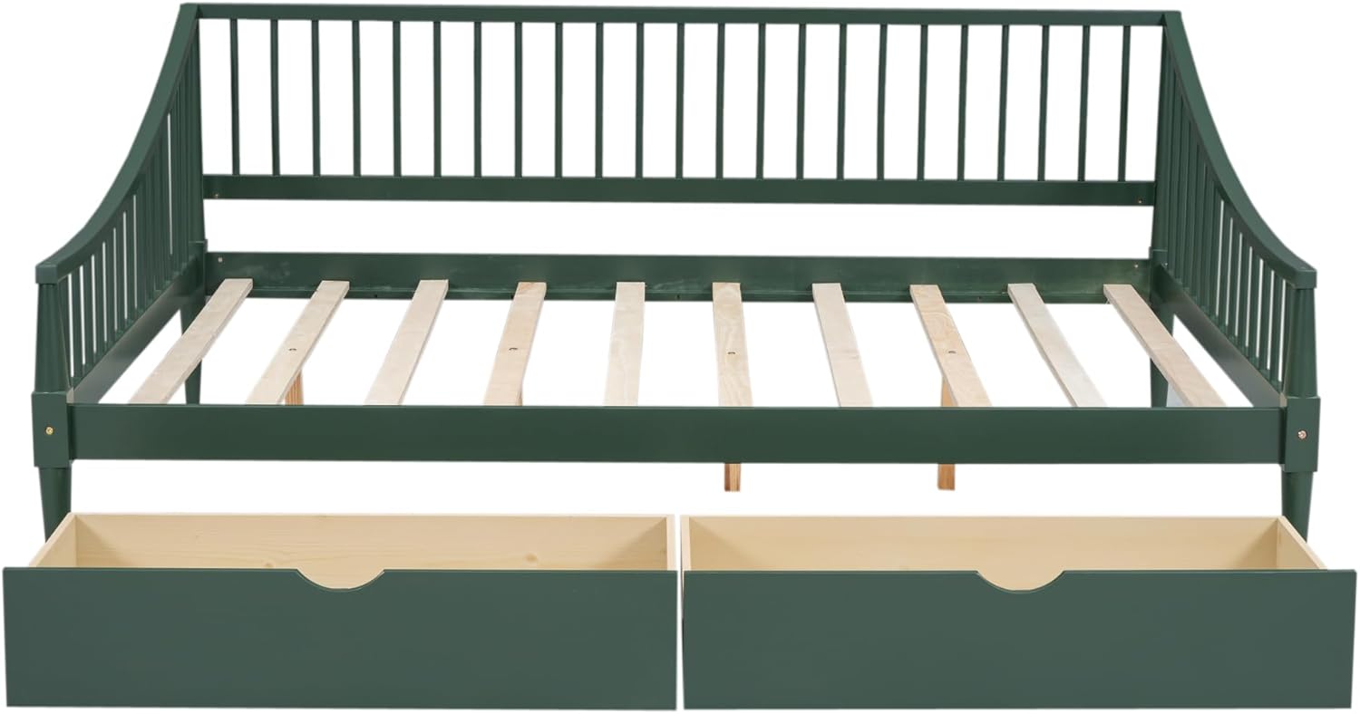 Full Size Daybed with Two Drawers,Solid Wood Storage Bed Frame W/Wooden Slat Support,Guide Rail Design on Three Sides,Easy to Assemble,for Bedroom Living Room,Green