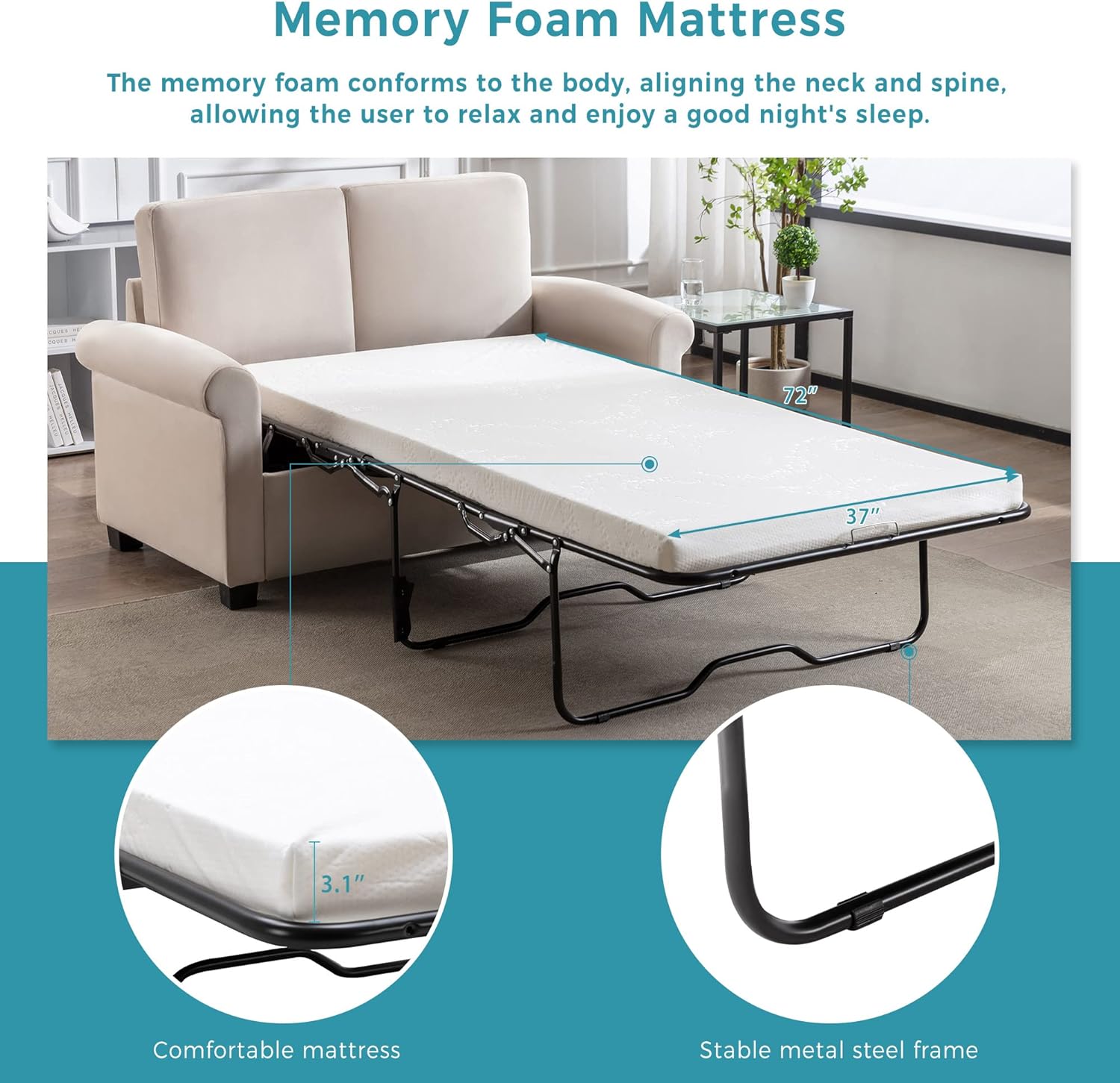 58.3" Pull Out Sofa Bed,Sleeper Sofa Bed with Premium Twin Size Mattress Pad,2-in-1 Pull Out Couch Bed,Loveseat Sleeper for Living Room,Small Apartment, Beige White