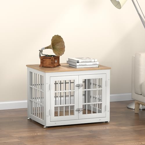 48 Inch Heavy Duty Dog Crate Furniture for Large Dogs, Decorative Pet House End Table, Extra Large Wooden Cage Kennel Furniture Indoor, Natural and White