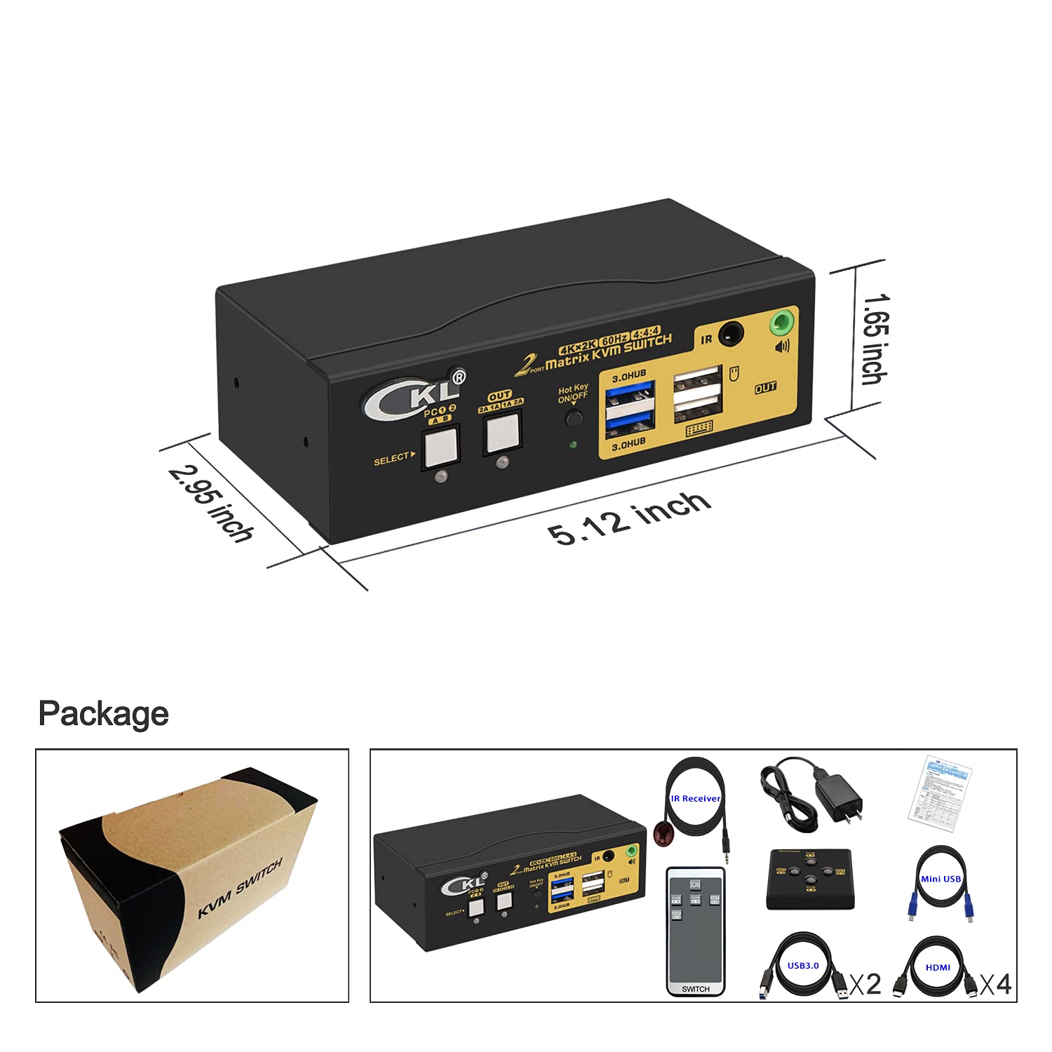 CKL 2x2 Matrix HDMI KVM Switch Dual Monitor USB 3.0 4K 60Hz, PC Monitor Keyboard Mouse Peripherals Sharing Box with Cables for 2 Computers or Laptops