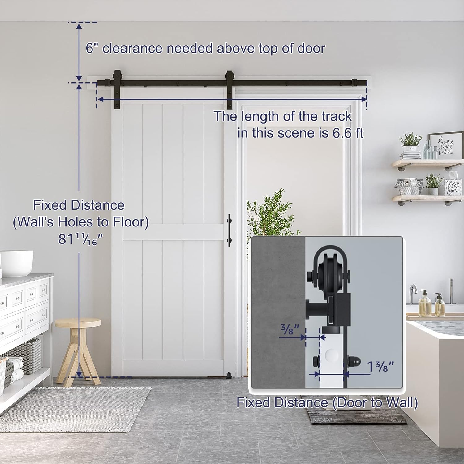 SmartStandard 36 x 80 inch White Slidng MDF Barn Door with 6.6FT Black Sliding Door Hardware Kit & Handle, Pre-Drilled Ready to Assemble, Waterproof PVC Coating, H-Frame