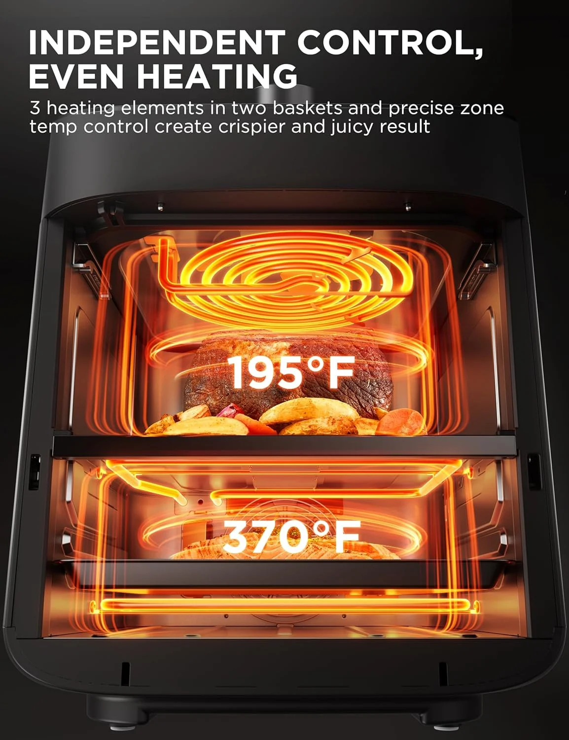 Midea 8 in 1 Dual Air Fryer 11 Quart with 2 Independent Baskets Clear Windows, Smart Sync Finish, 3 Heating Tubes, Wi-Fi Connectivity&50+ App Recipes For Family-Sized Meals