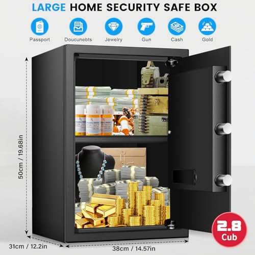 2.8 Cub Large Home Safe Fireproof Waterproof, Steel Home Security Safe Box with Electronic Keypad, Spare Keys and Alarm System, Fireproof Safe for Home Document Money Valuables