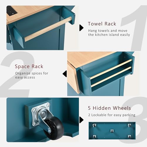 Large Kitchen Island Cart with 2 Drop Leaf, Mobile Dining Table with Storage Cabinet, Rolling Kitchen Cart with Power Outlets, 3 Drawers, Spice & Towel Rack