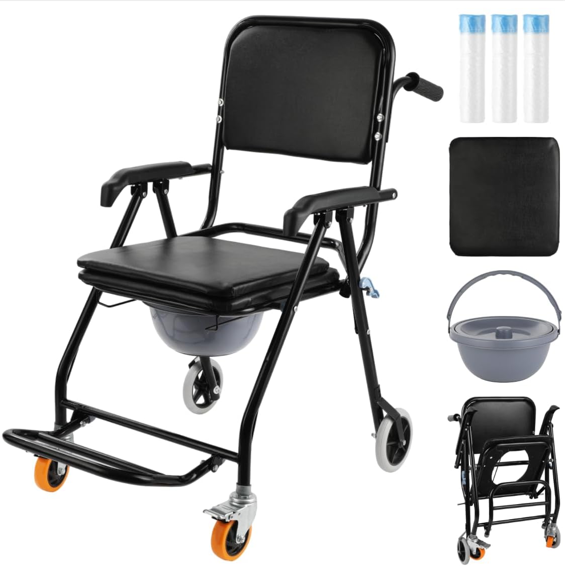 4-in-1 Bedside Commode Shower Wheelchair, Mobile Shower Commode Chair with Lockable Wheels, Foldable Potty Chair with 3 Rolls Bags, Armrests & Footrest for Elderly and Disabled-300lbs