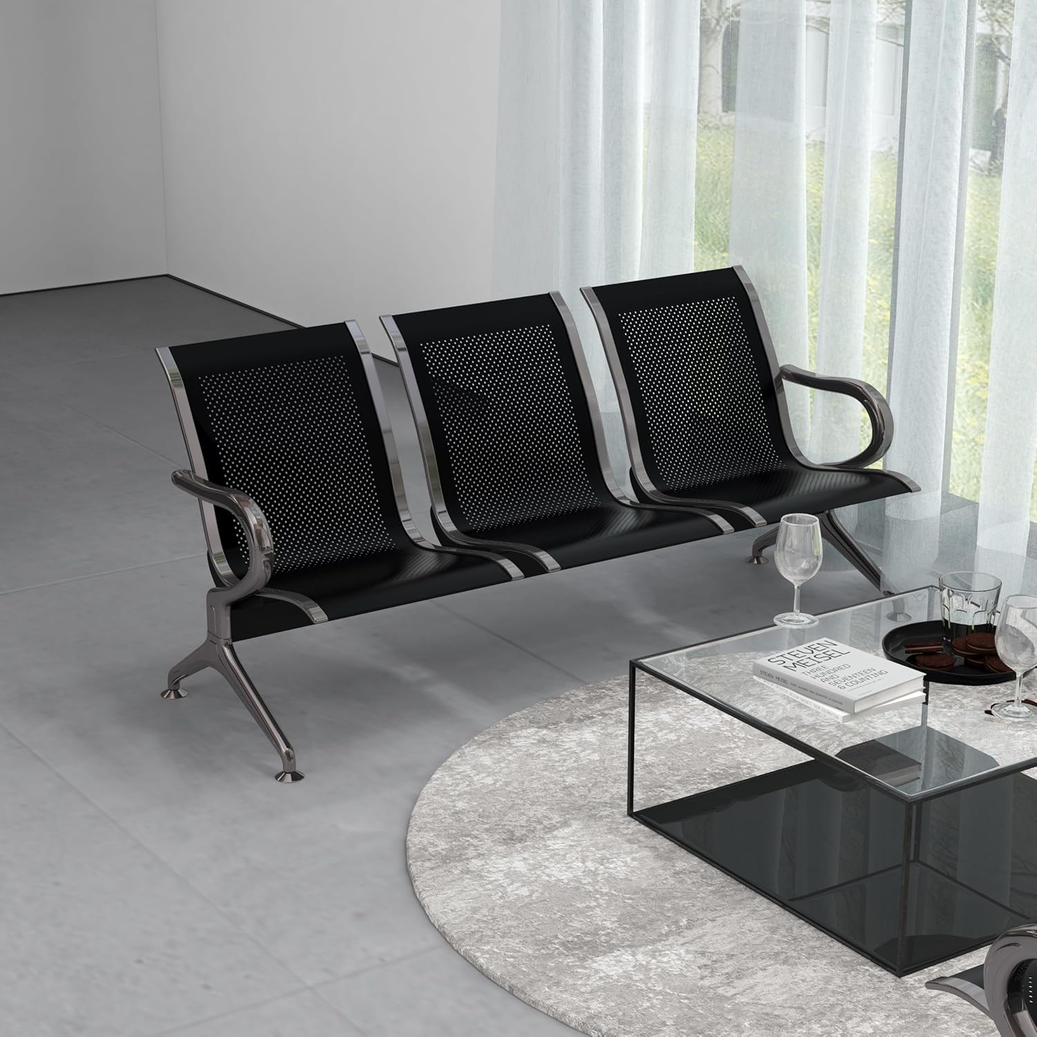 Kinsuite Waiting Room Chairs with Arms - 3-Seat Waiting Room Bench Airport Reception Bench, Lobby Bench Seating Office Bench Waiting Area Chairs for Airport Business Hospital Market, Black