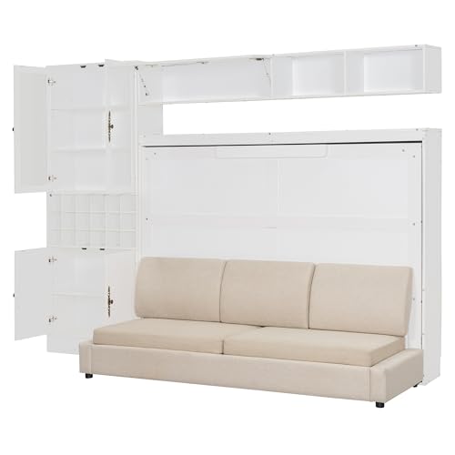 Merax Queen Size Murphy Bed Wall Bed with Sofa, Shelves, USB & Light - Space Saving Foldable Bed for Small Apartments, Grey