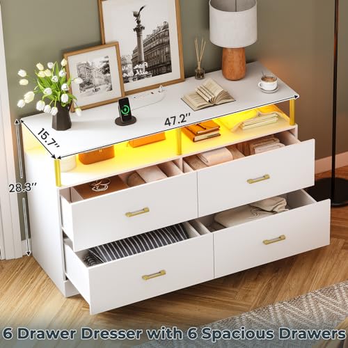 AOGLLATI White Dresser for Bedroom with Charging Station, Dressers & Chests of Drawers with Column Design, 4 Drawer Modern Bedroom Led Wide Wood Dresser for Bedroom