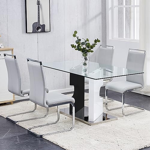 Glass Dining Table Set for 4,5 Piece Dining Table Set, Tempered Glass Table Top and Modern Design MDF Base with 4 PU Leather Ergonomic Dining Chairs