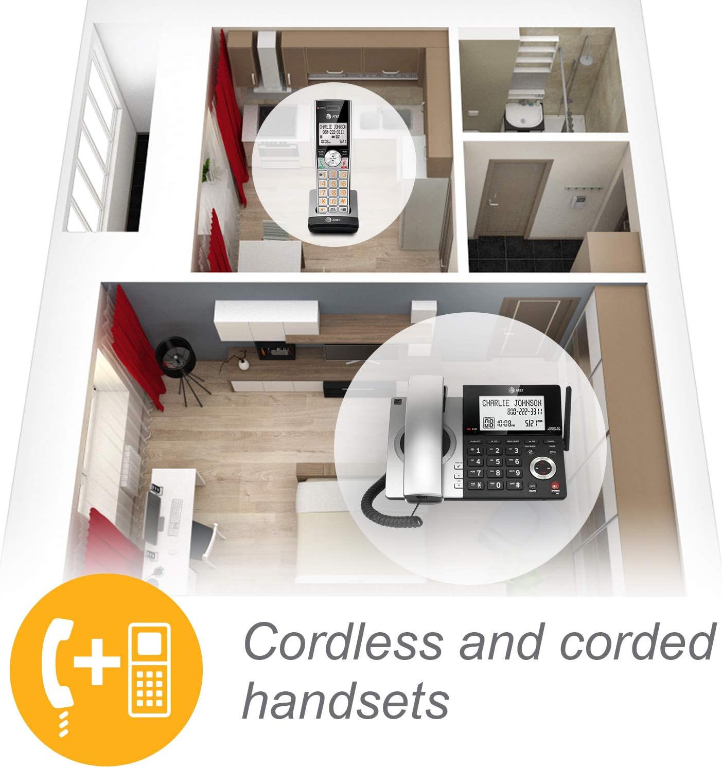 AT&T CL84107 DECT 6.0 Expandable Corded/Cordless Phone with Smart Call Blocker, Black/Silver with 1 Handset