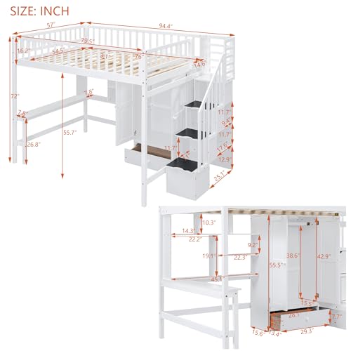 Full Size Loft Bed with Wardrobe Desk Storage Stairs, Wood Loft Bed Frame with Bookcase and Drawers, High Loft Bedframe for Kids Teens Adults, No Box Spring Needed, Espresso