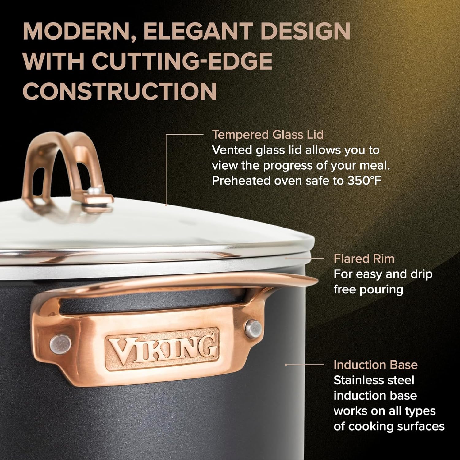 Viking Culinary 3-Ply 11 piece Cookware Set, Black with Copper with Glass Lids, Works on All Cooktops including Induction