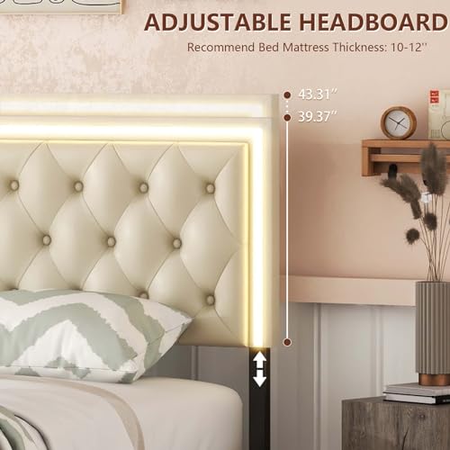 Queen Size Upholstered Bed Frame with 4 Storage Drawers, Button Tufted Adjustable Headboard PU Leather Platform Bed with LED Light, No Box Spring Needed (Black)