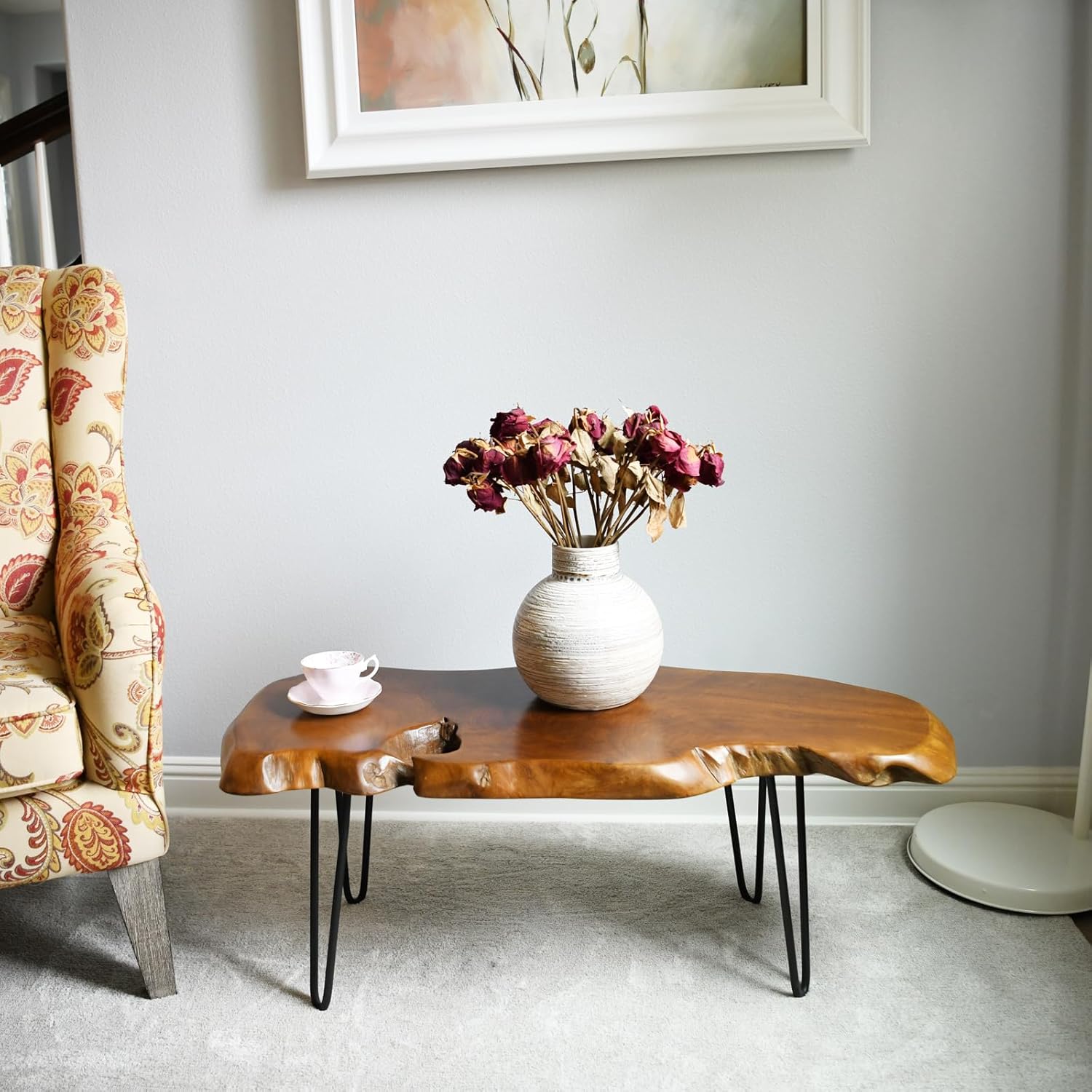 WELLAND Live Edge Natural Teak Wood Coffee Table with Metal Legs
