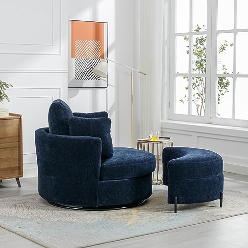 Oversized Swivel Accent Barrel Chair with Storage Ottoman+ 4 Pillow, Comfy Chaise Lounge Chair Big Round Reading Chair Cuddler Chair for Living Room Bedroom(Terracotta Chenille with Ottoman)