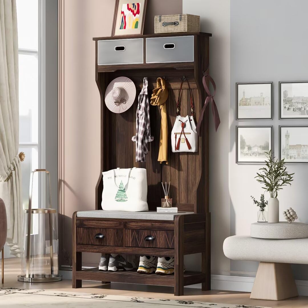 68.9" H Hall Tree with 6 Hooks and Hinged Lid, Coat Hanger, Entryway Bench, Storage Bench, 3-in-1 Design, 69INCH, for Entrance, Hallway,Brown