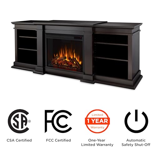 Real Flame Fresno 72" TV Stand with Electric Fireplace in Black, Entertainment Center with Electric Fireplace, Living Room TV Stand with Fireplace, fits up to 70" TV