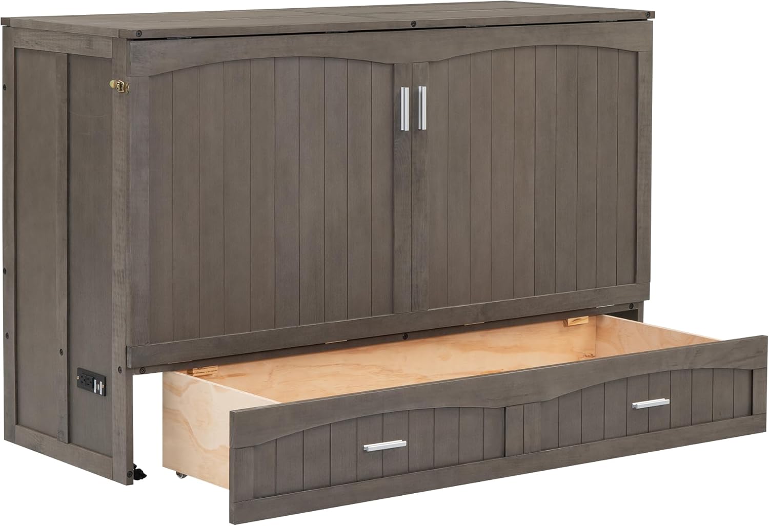 Queen Murphy Bed Cabinet, Wood Murphy Bed Chest Bed with Drawer and Charging Station, 63'' Foldable Cabinet Bed for Dorm Loft Corner or Small Space