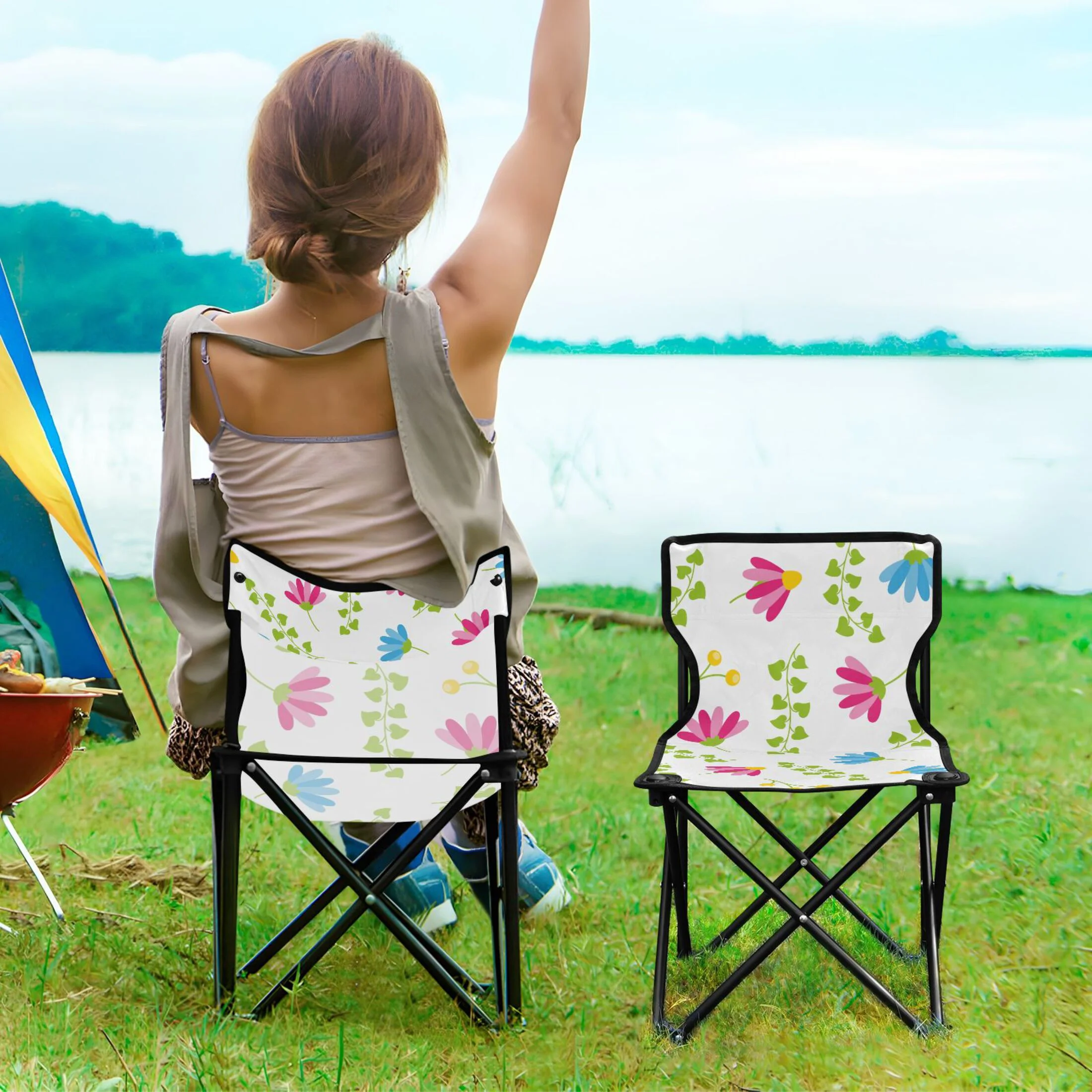 Pink Floral Green Leaves Portable Camping Chair Outdoor Folding Beach Chair Fishing Chair Lawn Chair with Carry Bag Support to 220LBS
