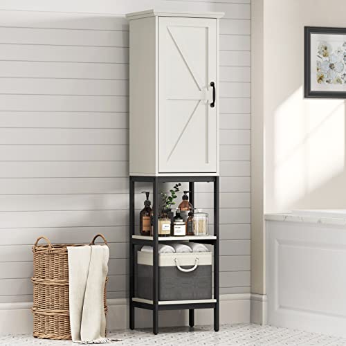 Linen Cabinet, Tall Narrow Slim Storage Cabinet with Storage Basket, Linen Tower with Barn Door and 5 Shelves Freestanding Floor Storage Cabinet for Bathroom Living Room Kitchen (Grey)