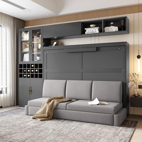 Merax Queen Size Murphy Bed Wall Bed with Sofa, Shelves, USB & Light - Space Saving Foldable Bed for Small Apartments, Grey