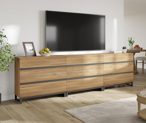 WAMPAT Modern TV Stand for TVs up to 40 inch, Entertainment Center TV Console with 3 Drawers and Metal Base, Media Console for Living Room, Bedroom, Oak