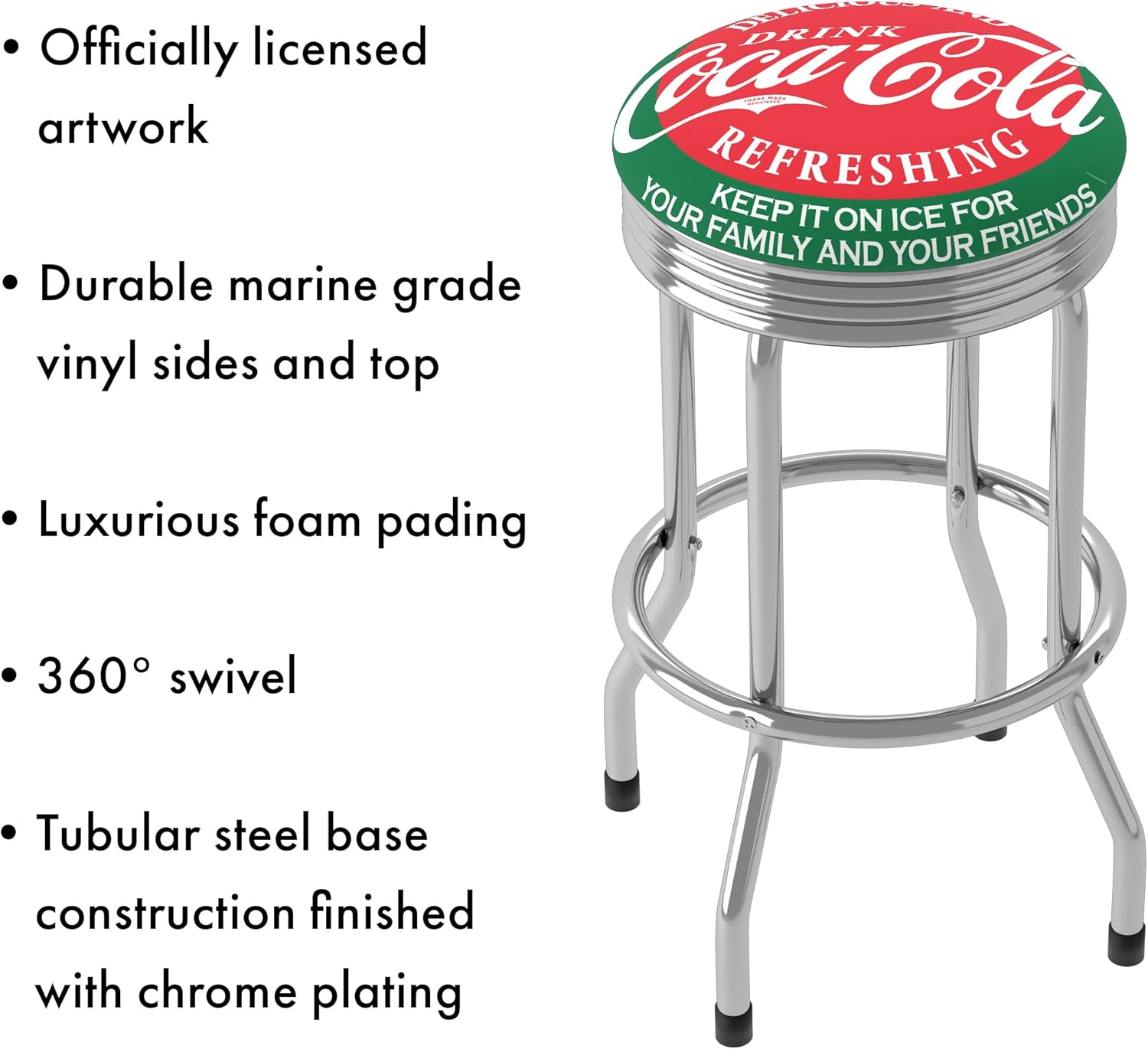 Bar Stool - Coca-Cola Ice Cold Bottle Stool with Retro Chrome Ribbed Side - Swivel Chair for Game Room, Garage, or Home Bar by Trademark Gameroom