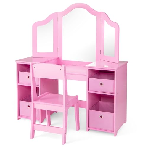 Costzon Kids Vanity, 2 in 1 Princess Makeup Desk Dressing Table with Detachable Top, Toddler Vanity with Tri-fold Mirror & Storage Shelves, Pretend Play Vanity for Little Girls, White