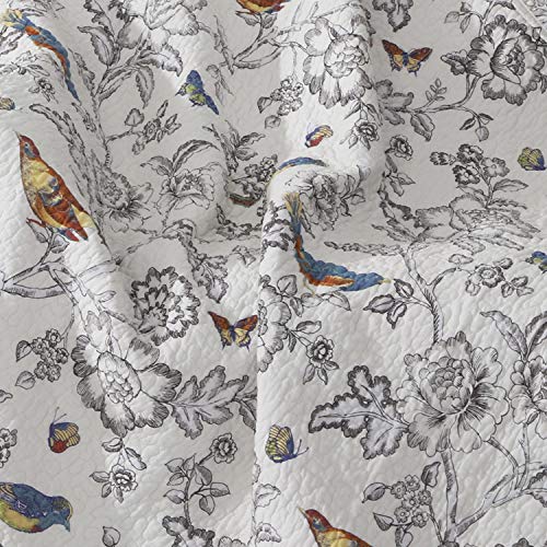 Levtex Home - Mockingbird Quilt Set - Full/Queen Quilt 88x92in. + Two Standard Pillow Shams 26x20in. - Grey Toile with Birds and Butterflies - Reversible - Cotton