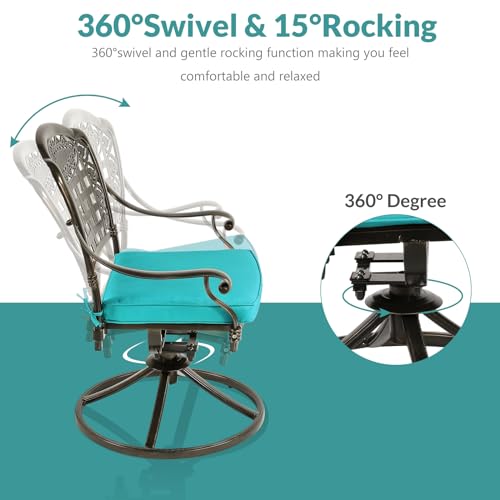 MEETWARM 5-Piece Outdoor Patio Dining Set, All-Weather Cast Aluminum Patio Conversation Set for Backyard Garden Deck with 4 Cushions Swivel Rocker Chairs and 35.4" Round Table, 2.2" Umbrella Hole