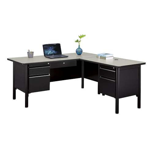 nbf signature series Stahl Double Pedestal L Shaped Desk with Center Drawer - 66" W x 72" D Gray Top/Black Steel Frame, Ergonomic Computer Office Corner Working PC Desk