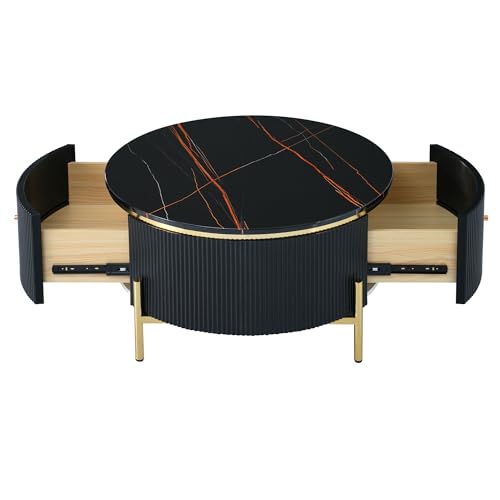 Modern Round Lift-top Nesting Coffee Tables with 2 Drawers for Living Room White & Natural
