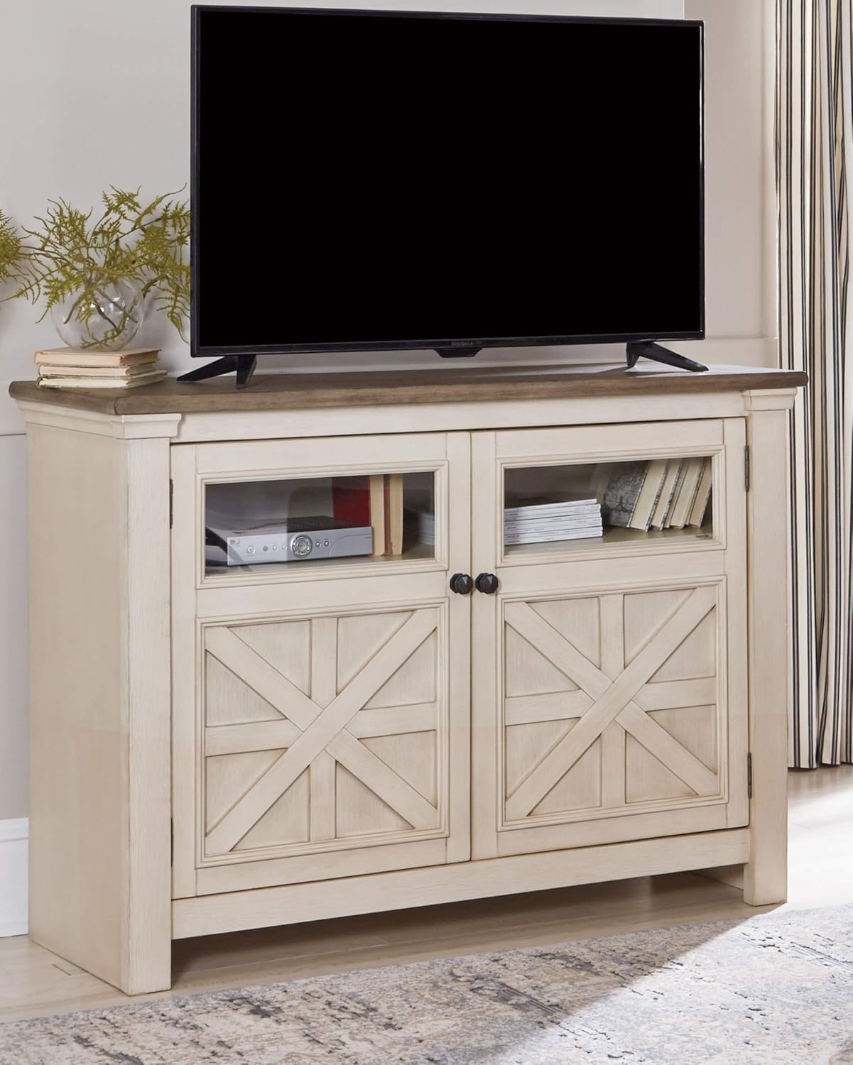 Signature Design by Ashley Bolanburg Two Tone Farmhouse TV Stand, Fits TVs up to 72, 3 Cabinets and Adjustable Storage Shelves, Whitewash