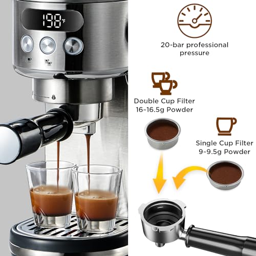 Neretva 20 Bar Espresso Machine, Super Compact Espresso Maker with LED Display & Milk Frother for Home Barista Stainless Steel Professional Coffee Machine Espresso Latte and Cappuccino Maker