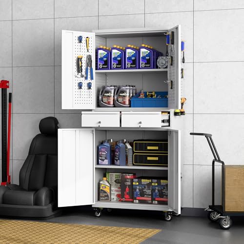 73" H Metal Storage Cabinet with Wheels, Garage Storage Cabinet with 4 Adjustable Shelves and Lockable Doors for Garage Home Office Utility Room,Required Assembly,Black