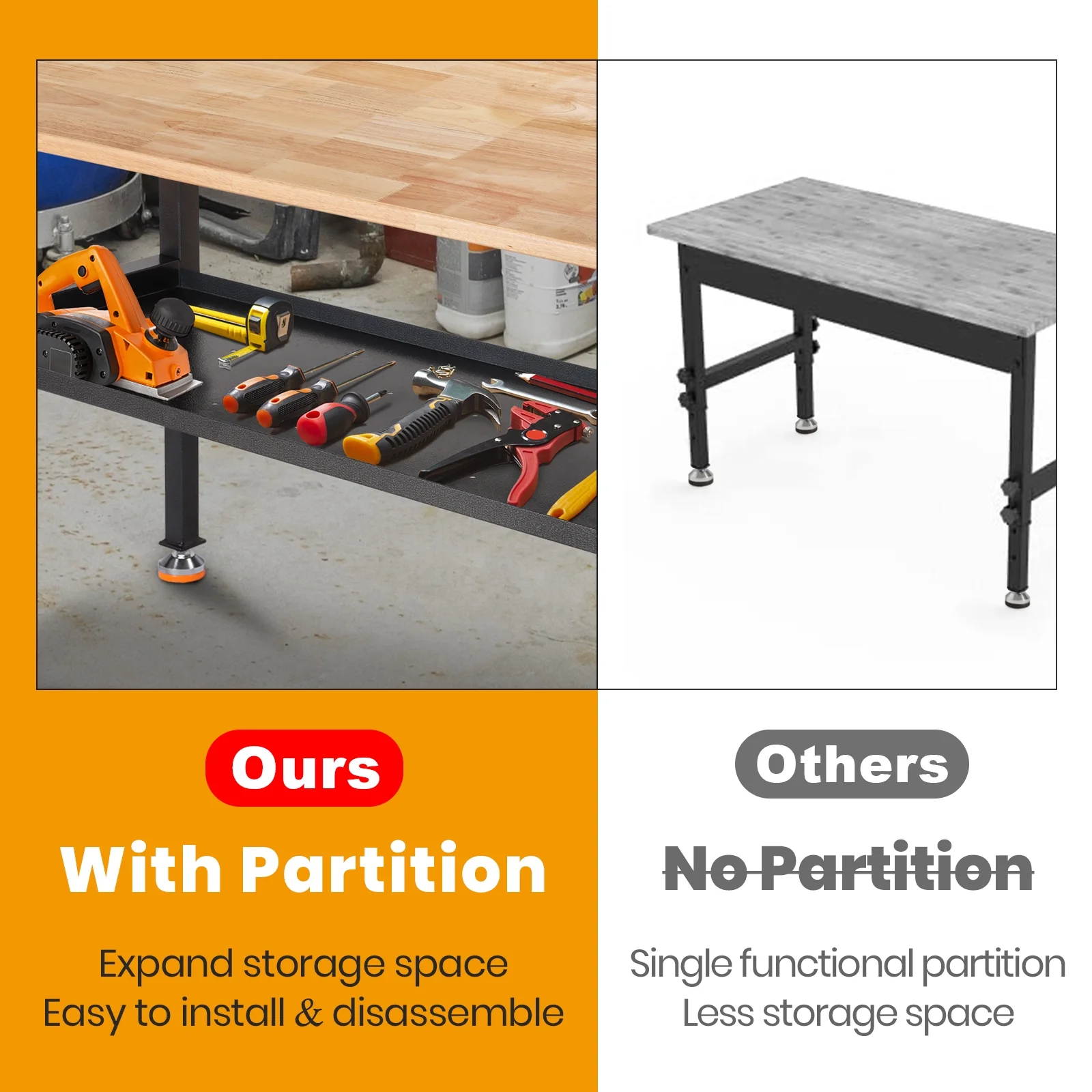 Polar Aurora 48" Adjustable Heavy-Duty Workbench, Rubber Wood Top Worktable with partition
