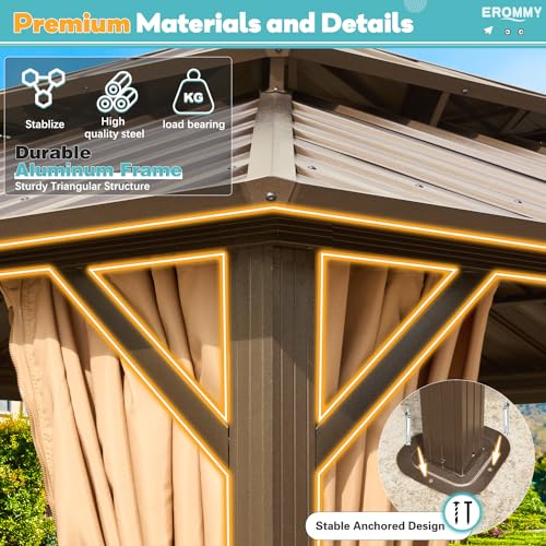 EROMMY 14'x20' Hardtop Gazebo Double Roof Galvanized Steel Canopy Outdoor Aluminum Frame Permanent Metal Pavilion with Netting and Curtains for Patio Backyard Deck and Lawns
