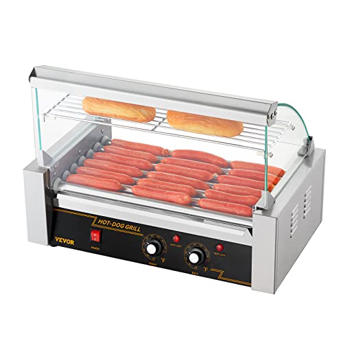 VEVOR Hot Dog Roller, 12 Hot Dog Capacity 5 Rollers, 750W Stainless Steel Cook Warmer Machine with Dual Temp Control, LED Light and Detachable Drip Tray, Sausage Grill Cooker for Kitchen Restaurant