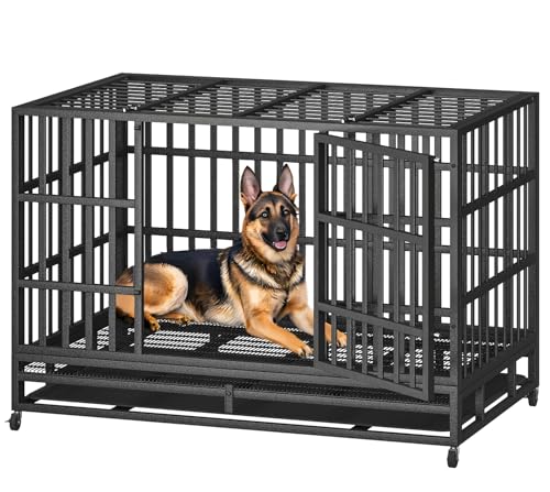 48 Inch Heavy Duty Indestructible Dog Crate Steel Escape Proof, Indoor Double Door High Anxiety Cage, Kennel with Wheels, Removable Tray, Extra Large XL XXL