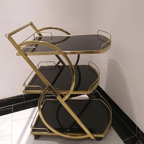 Kitchen Shelf Bar Cart 3 Tiers Removable Storage Tray Rolling Beverage Cart, Mobile Bar Serving Cart with Handle, Marble Glass and Metal Frame Home Kitchen Shelf for Party Storage Shelf(Gold)